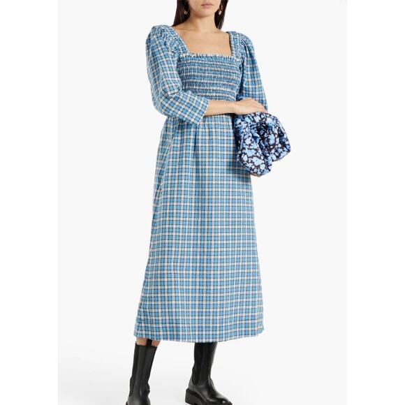 NWT Ganni Shirred Checked Cotton-blend Seersucker Midi Dress Blue DE 42 US 12